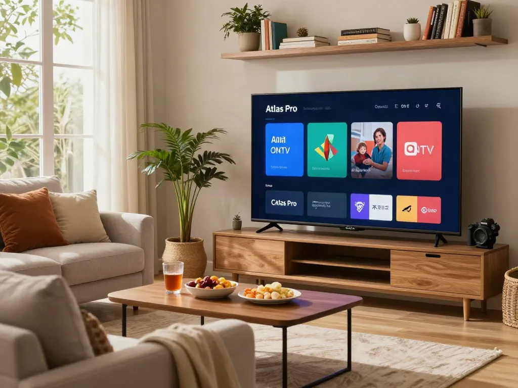 Salon accueillant avec application Atlas Pro ONTV sur grand écran, créant une atmosphère de cinéma à domicile.
