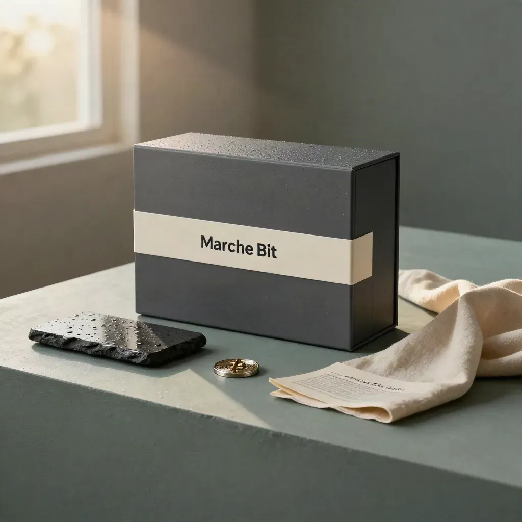 Boîte guide Bitcoin premium avec accessoires sur plinthe gris sauge, lumière d’aube.