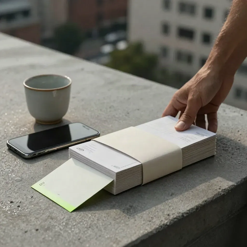 Pack de lancement crypto sur terrasse en béton, avec téléphone, tasse et carte pliée.