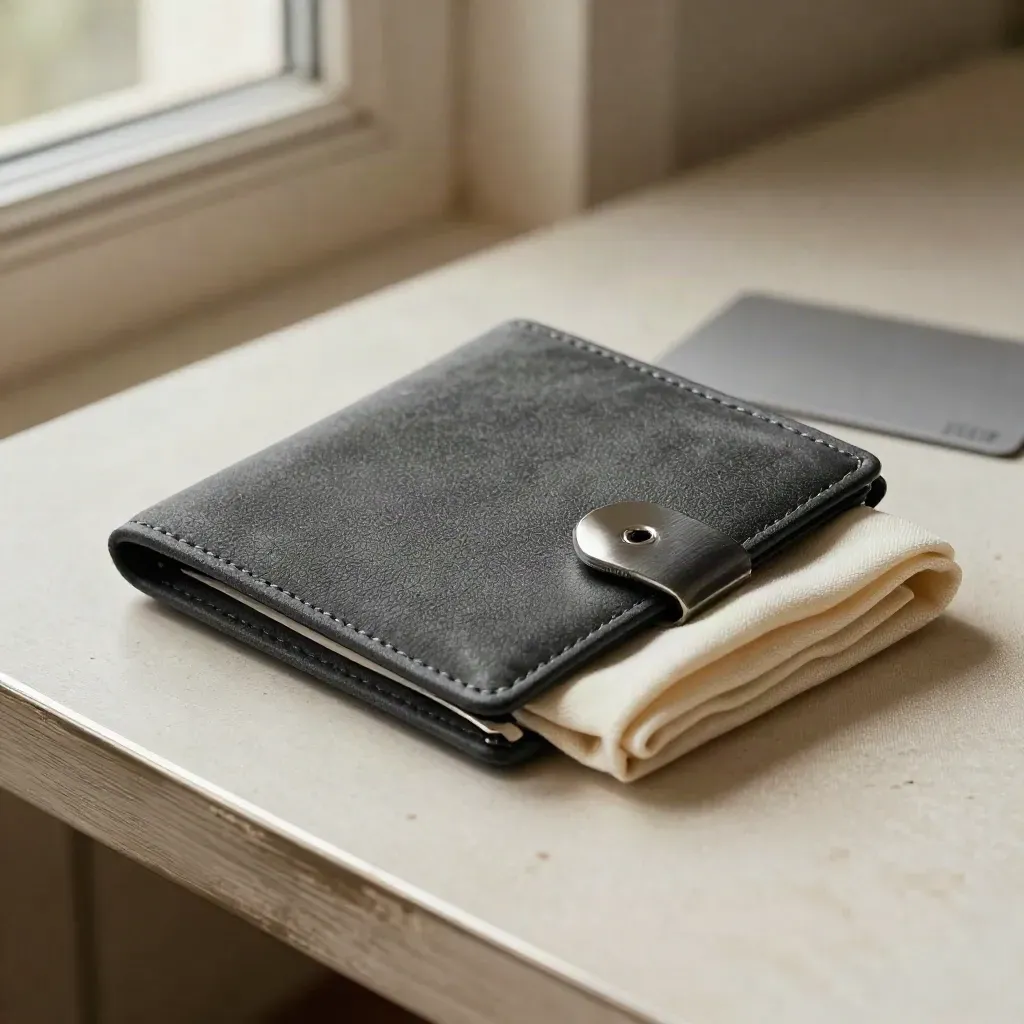 Étui wallet charcoal dans un pli de tissu crème, avec clip métal et cordelette, lumière douce.