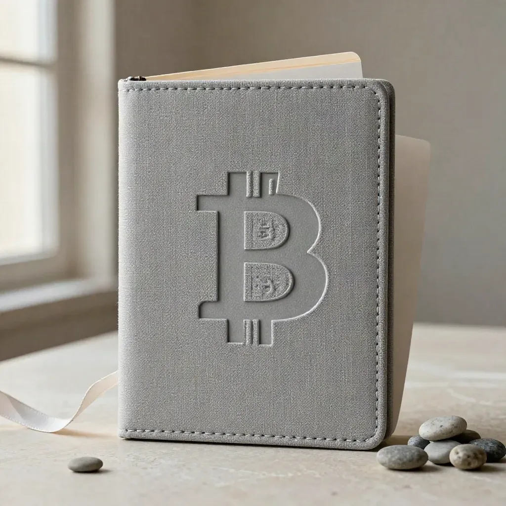 Folio hebdo BTC gaufré sur pierre claire, avec ruban de lin, galet et onglet papier.