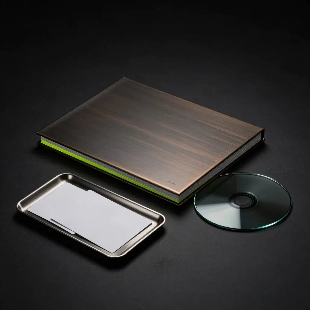Folio crypto comparatif en diagonale, cartes d’échantillon et disque de verre sombre sur fond noir.