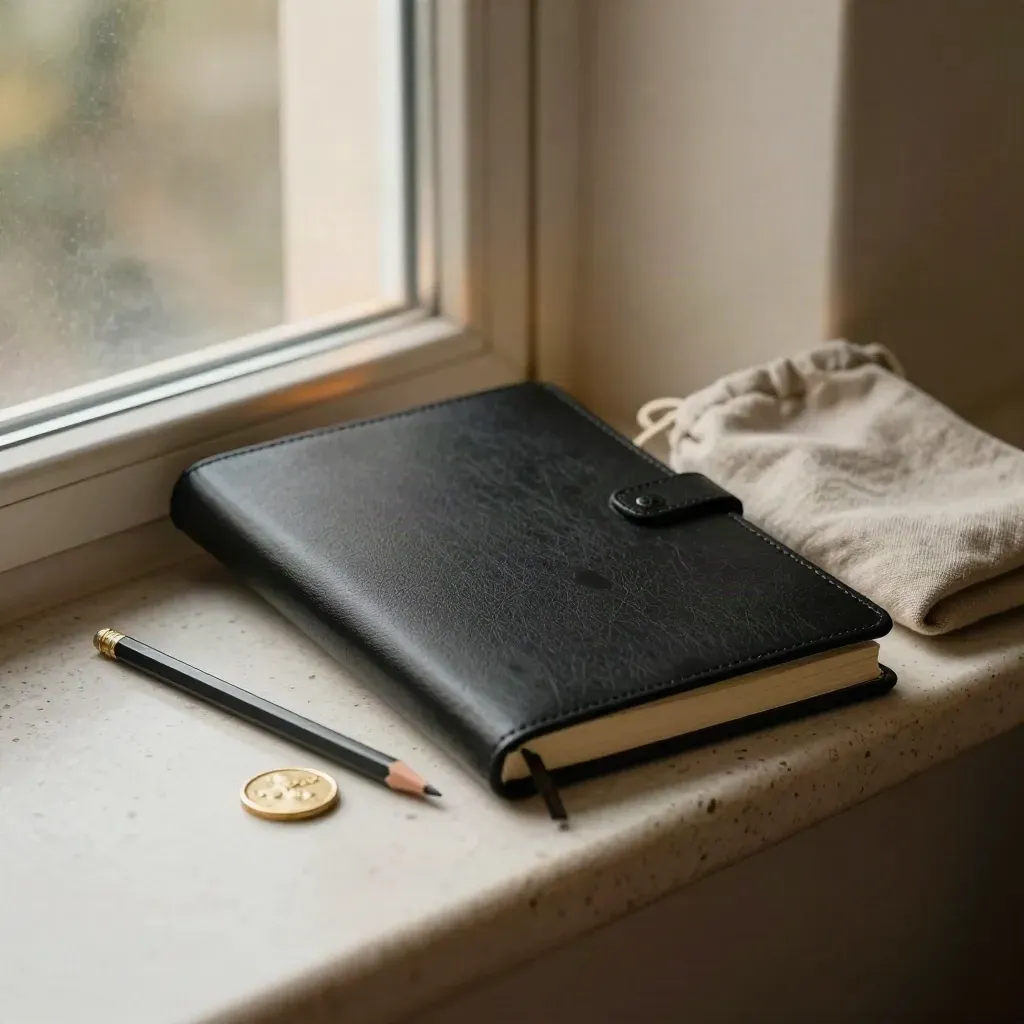 Cahier de trader débutant avec crayon, marqueur et pochette en lin sur pierre claire.