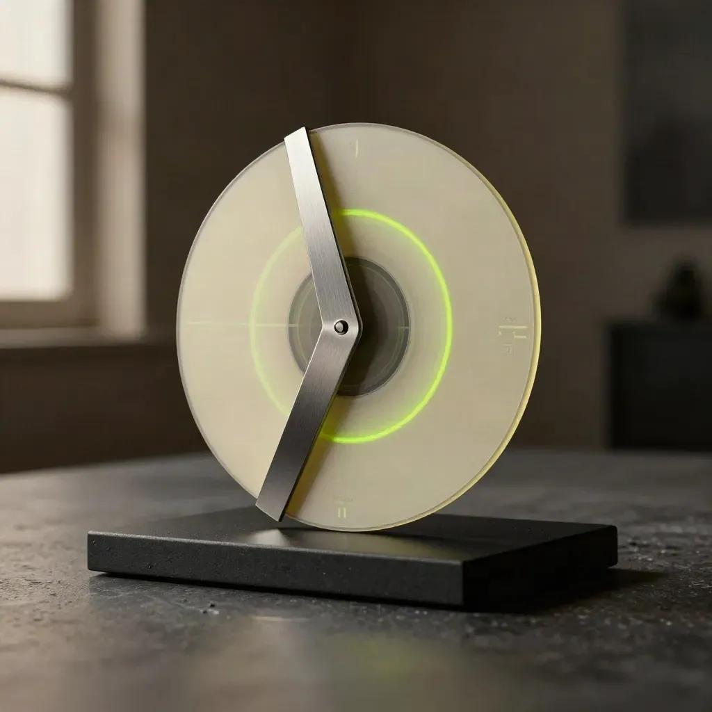 Pack radar BTC sombre, disques pâles et coin métal sur socle noir, halo vert néon.