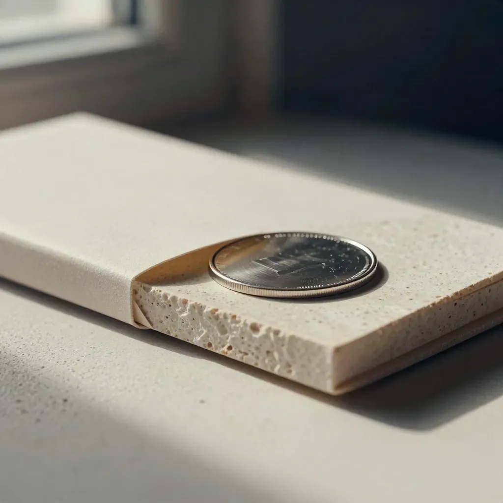 Folio d’altcoins en wrap pierre, soulevé sur du plâtre avec disque métal et onglet papier.