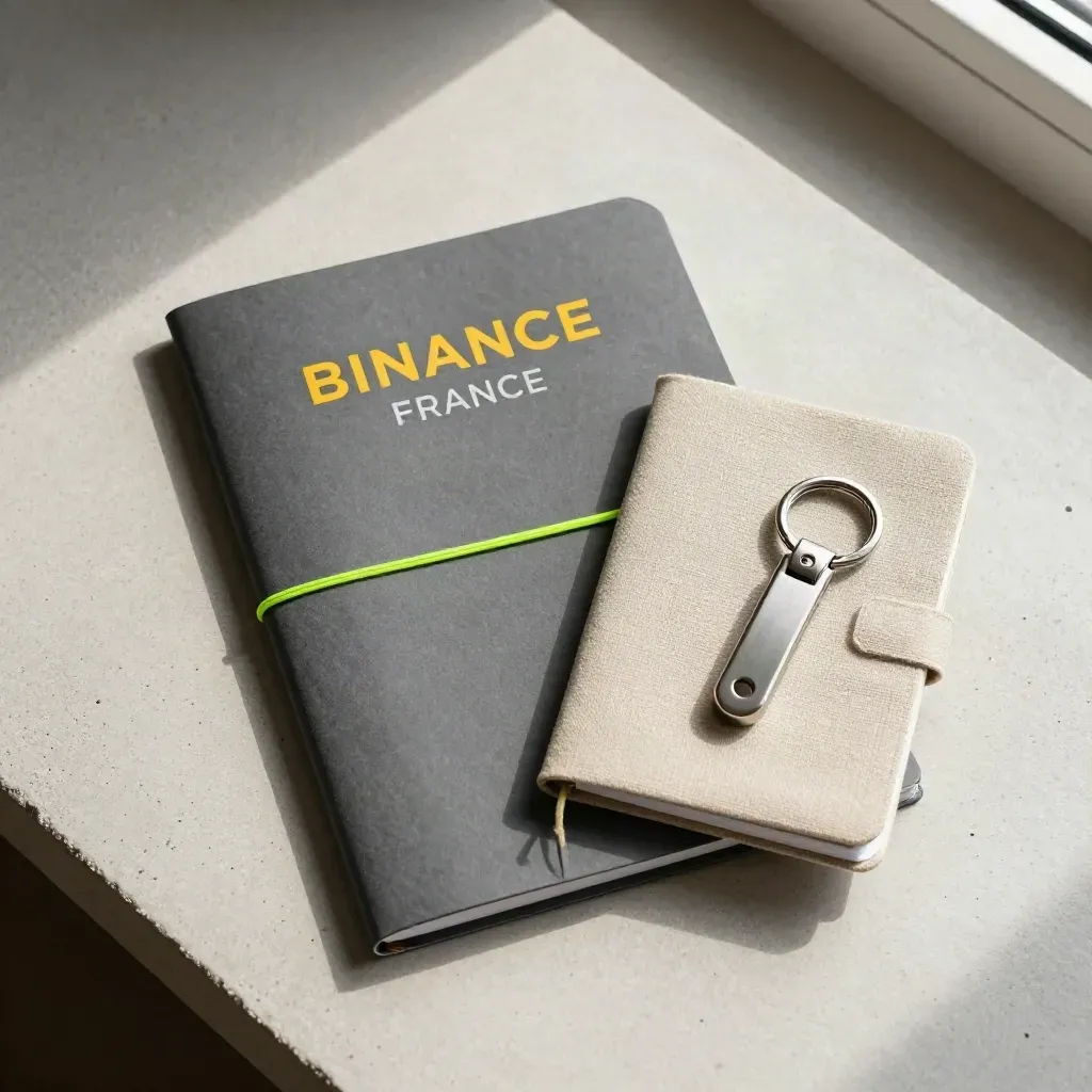 Vue de dessus d’un folio crypto noué, carnet textile et porte-clés acier sur pierre claire.