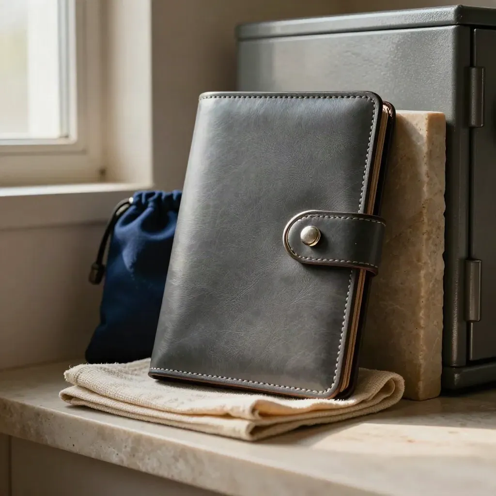 Folio de sécurité crypto en cuir embossé, pochette, anneau métal et tissu sur pierre.