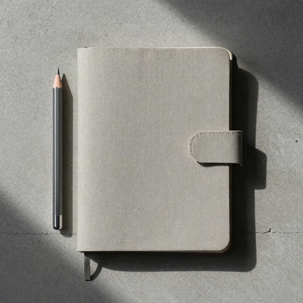 Cahier de notes de marché, crayon cassé et marque-page papier sur béton gris.
