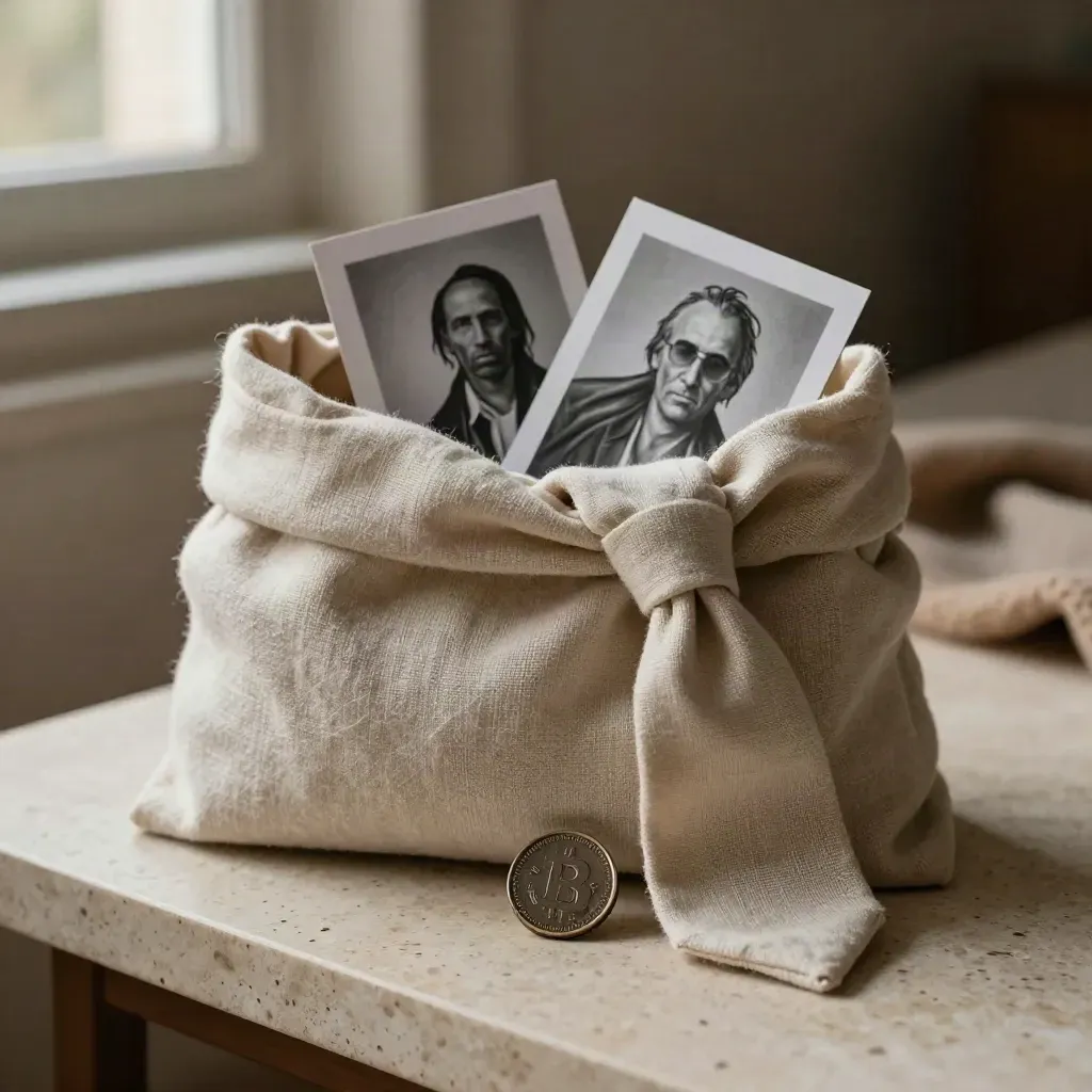 Pack crypto en lin avec cartes et pièce sombre sur pierre claire.