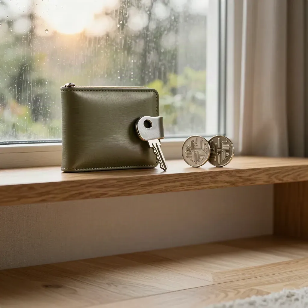 Intérieur en bois clair avec objets crypto, pluie sur la fenêtre et rideau souple.